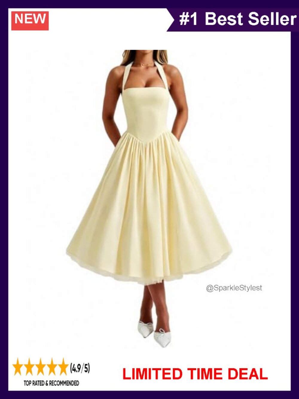 Women's Halter Neck Low Cut Sleeveless A-Line Tulle Swing Tea Length Formal